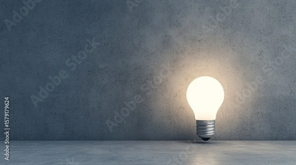 Fototapeta A glowing light bulb stands on a concrete surface against a textured gray wall, symbolizing ideas, innovation, or creativity.