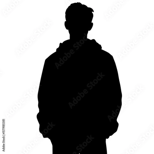 Fototapeta Silhouette of a young man wearing a hoodie standing against white background  