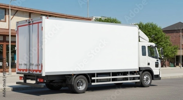 Fototapeta Rear Side View of White Box Truck Parked on Urban Street – Blank Surface for Branding Mockup
