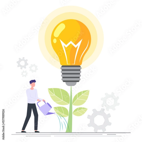 Obraz Business growth through innovative ideas. A man waters a plant transforming into a glowing lightbulb representing nurturing concepts for success, growth and innovation.