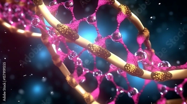 Obraz A complex 3D particle system forming a DNA strand, with multicolored spheres representing molecular interactions, bright cyan, pink, and gold lighting effects.
