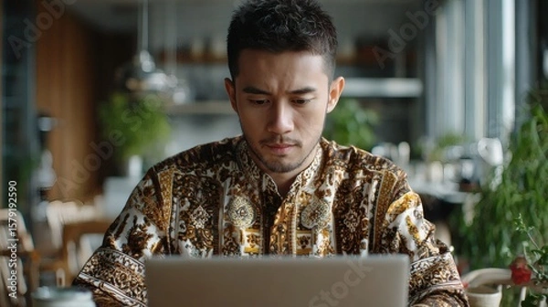 Fototapeta Focused young man in batik working on laptop at fintech startup space with greenery Image 4K UHD
