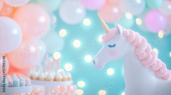 Fototapeta Unicorn Party Themes Unicorn themed party scene with glowing decorations, whimsical treats, and a joyful festive atmosphere.