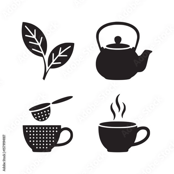 Fototapeta Black silhouette of tea leaves teapot tea strainer and two cups on a white background design element