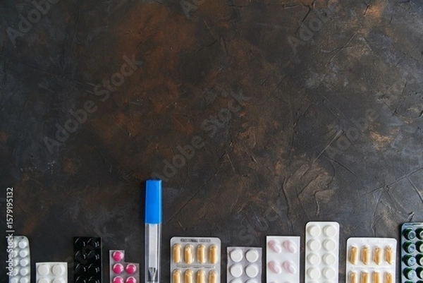 Obraz Pills capsules medicine health on dark background top view, medical pharmacy concept. Different pills on dark background with copy space.
