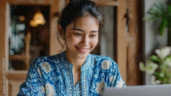 Fototapeta Smiling woman in batik browsing laptop in a warm modern workspace Image 4K UHD