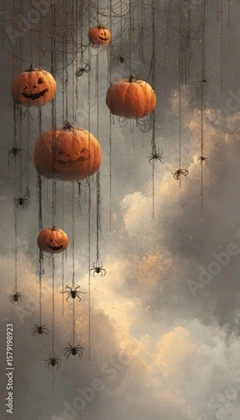 Fototapeta Eerie Halloween scene featuring smiling pumpkins suspended amidst a cloudy atmospheric backdrop