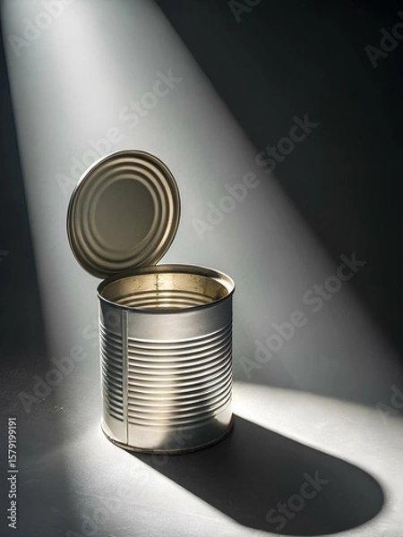 Fototapeta Open empty metal can with lid ajar on cracked concrete surface, illuminated by directional light, evoking raw utility and visual contrast