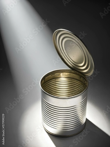 Fototapeta Open empty silver can with ridged body and lifted lid illuminated by angled light on cracked gray concrete, evoking stark utilitarian texture