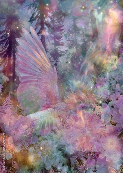 Fototapeta Mystical avian ascent through ethereal floral landscapes bathed in iridescent luminescence