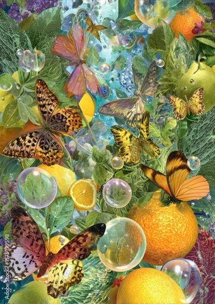 Fototapeta A whimsical montage featuring butterflies amid vibrant citrus fruits and captivating bubbles