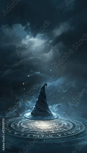 Fototapeta Mystical wizard's hat suspended above an illuminated celestial summoning circle in a stormy sky