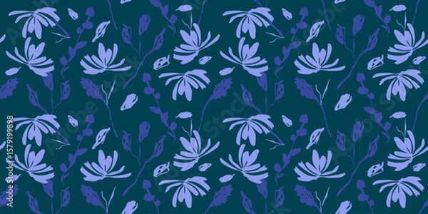 Fototapeta Hand drawn flowers on blue backgrounds, seamless patterns with floral for fabric, textiles, clothing, wrapping paper, cover, banner, interior decor.