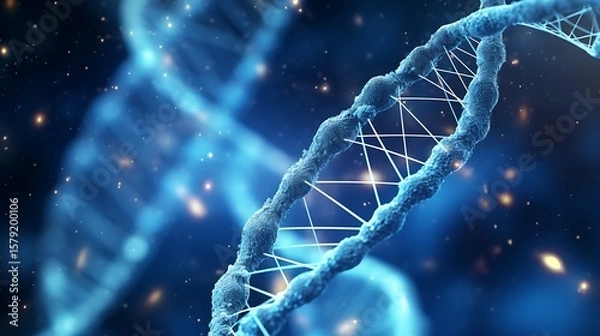 Obraz A hyper-detailed 3D illustration of a DNA double helix particle surrounded by swirling protein strands and floating nanomolecules, soft blue lighting highlighting the complex structure.