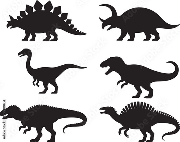 Fototapeta Prehistoric Dinosaur Silhouettes: Stegosaurus, Triceratops, T-Rex, and More