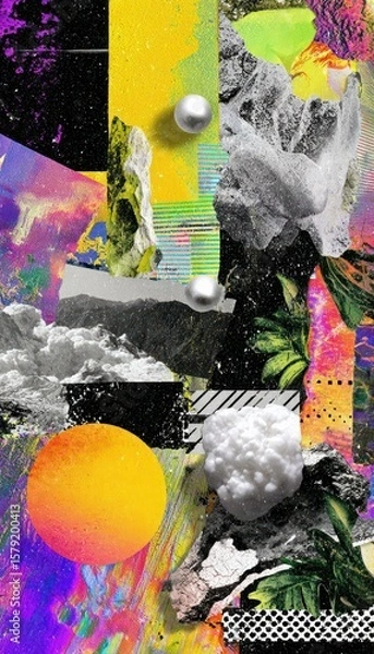 Fototapeta A vibrant abstract composition showcasing a fusion of textures, colors, and diverse photographic