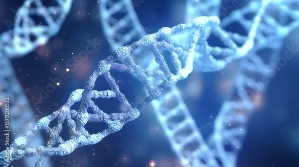 Obraz A hyper-detailed 3D illustration of a DNA double helix particle surrounded by swirling protein strands and floating nanomolecules, soft blue lighting highlighting the complex structure.