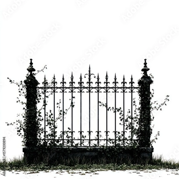 Fototapeta Ornate wrought iron fence overgrown with climbing vines isolated on white background setting