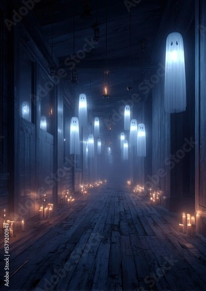Fototapeta Ethereal Specters Haunting a Dimly Lit Corridor of an Ancient and Weathered Structure