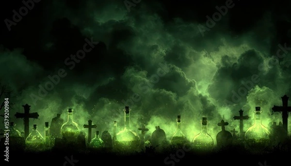Fototapeta A Spooky Graveyard Scene with Glowing Potion Bottles Under a Darkened Sky