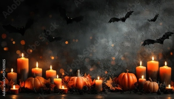 Fototapeta Halloween ambiance with pumpkins, candles, and bats creating a festive autumn scene
