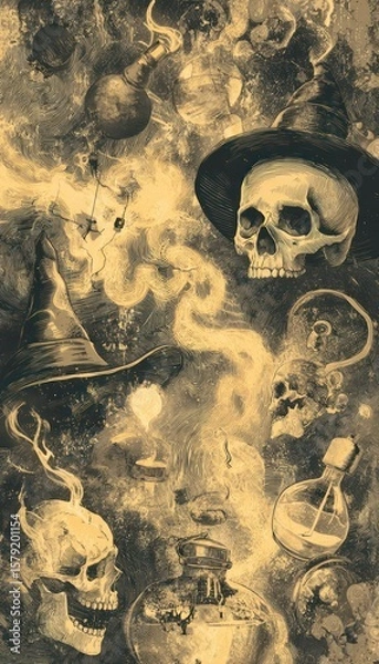 Fototapeta Intriguing depiction of spectral skulls, potion bottles, and witch hats in a mystical atmosphere