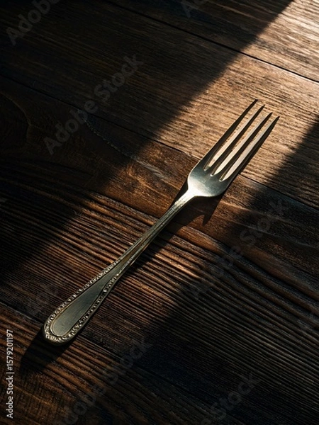 Fototapeta Silver fork with patterned handle diagonally placed on wooden surface in natural light, evoking quiet rustic elegance and shadow play