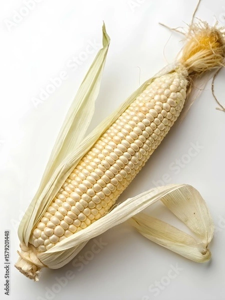 Fototapeta Fresh ear of corn with partially peeled husk on white surface, showing silky strands and neat kernels — evoking raw harvest beauty