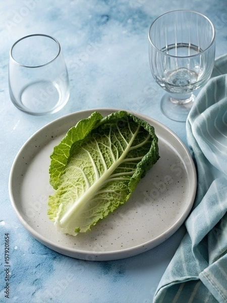 Fototapeta Single savoy cabbage leaf on white ceramic plate with empty glasses and striped cloth — evoking rustic purity and seasonal freshness