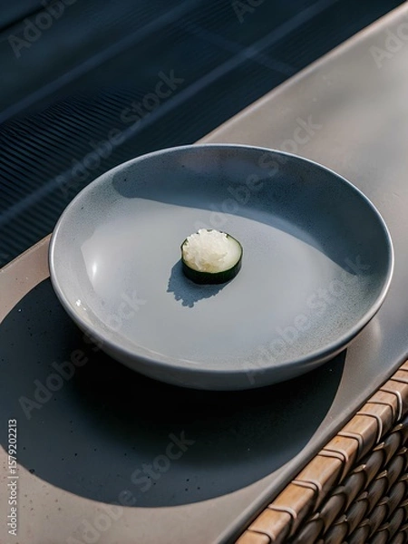 Fototapeta Single piece of sushi with cucumber and rice on large gray plate, placed outdoors near textured woven mat — evoking purity and simplicity