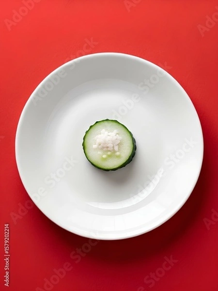Fototapeta Cucumber slice topped with white rice centered on white ceramic plate against red background — evoking minimalism and playful contrast