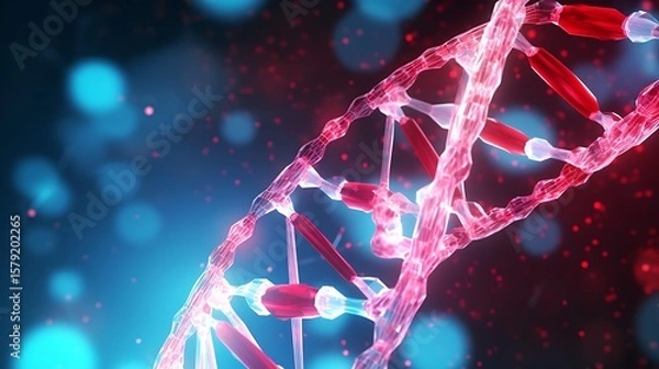 Obraz A minimalist 3D visual of a single DNA helix, suspended in a dark fluid medium, particle clusters glowing faintly in red and cyan tones for a medical research feel.
