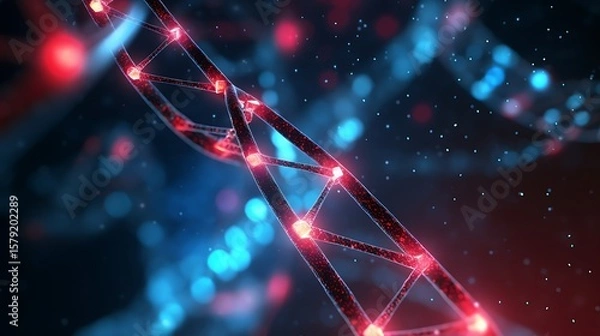 Obraz A minimalist 3D visual of a single DNA helix, suspended in a dark fluid medium, particle clusters glowing faintly in red and cyan tones for a medical research feel.