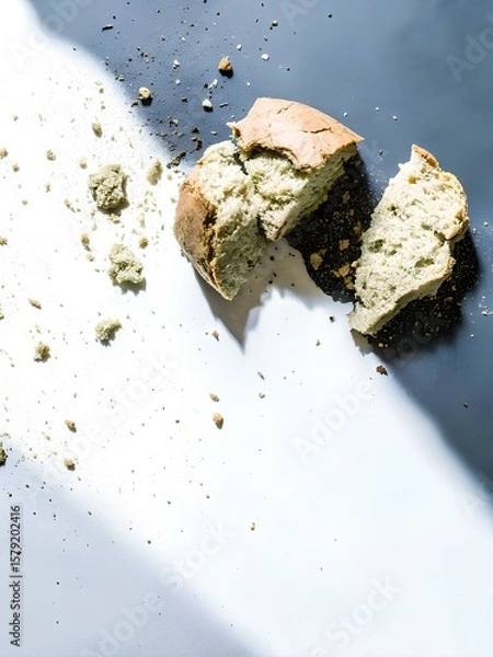 Fototapeta Broken loaf of crusty bread with scattered crumbs on dual-tone background — evoking rustic simplicity and textural food narrative