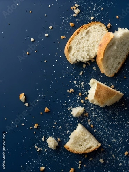 Fototapeta Soft pieces of white bread with scattered crumbs arranged on dark blue surface — evoking quiet minimalism and texture of everyday life