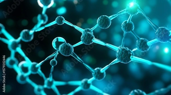 Obraz A modern 3D medical visualization of DNA and molecular particles, sharp neon blue and teal highlights against a dark, out-of-focus molecular network.