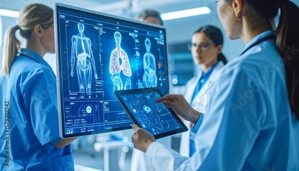 Obraz Diverse medical team using AI and advanced imaging technology to analyze patient scans, highlighting innovation, precision diagnostics, and the future of healthcare.