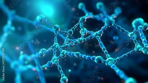 Obraz A modern 3D medical visualization of DNA and molecular particles, sharp neon blue and teal highlights against a dark, out-of-focus molecular network.