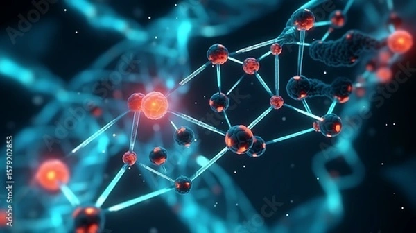 Obraz A modern 3D medical visualization of DNA and molecular particles, sharp neon blue and teal highlights against a dark, out-of-focus molecular network.