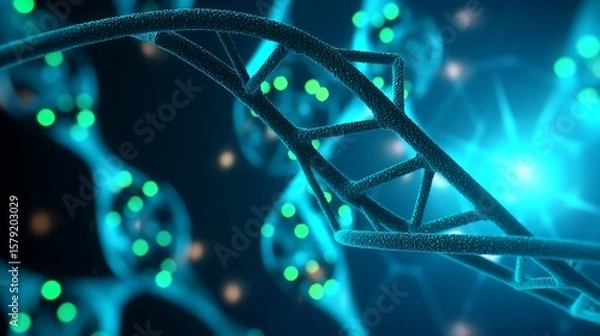 Obraz A modern 3D medical visualization of DNA and molecular particles, sharp neon blue and teal highlights against a dark, out-of-focus molecular network.