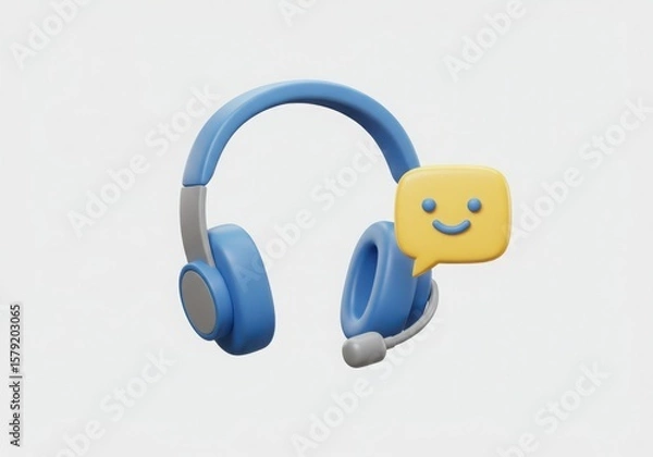 Obraz Blue headset with a happy face speech bubble isolated on white background