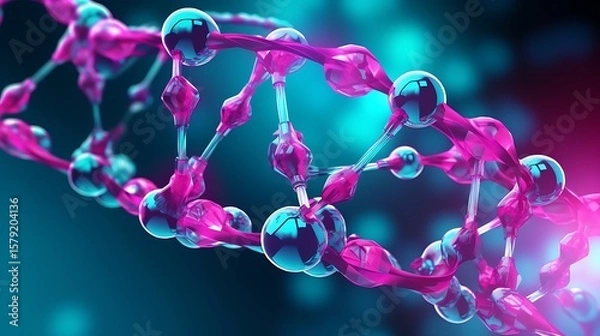 Obraz A realistic, close-up 3D illustration of a DNA molecule, floating protein clusters forming bonds around the helix, deep magenta and cyan color gradients in the background.