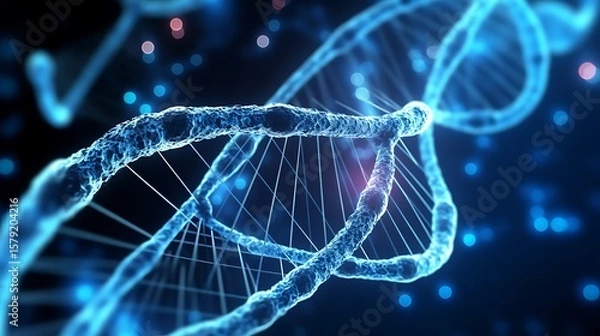 Obraz A realistic 3D visualization of a DNA helix encased in a shimmering bubble of protein particles, glowing softly in neon blue and silver against a dark backdrop.