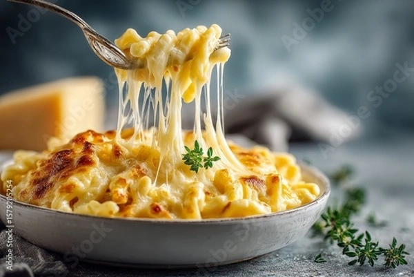 Obraz Bowl of kaese spaetzle, german cheese noodles topped with thyme, warm inviting atmosphere, creamy texture. Concept of kaese spaetzle showcases coze comfort food experience.