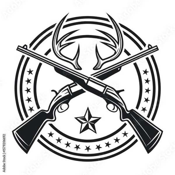 Fototapeta Two rifles are crossed over antlers and a star within a circle of stars