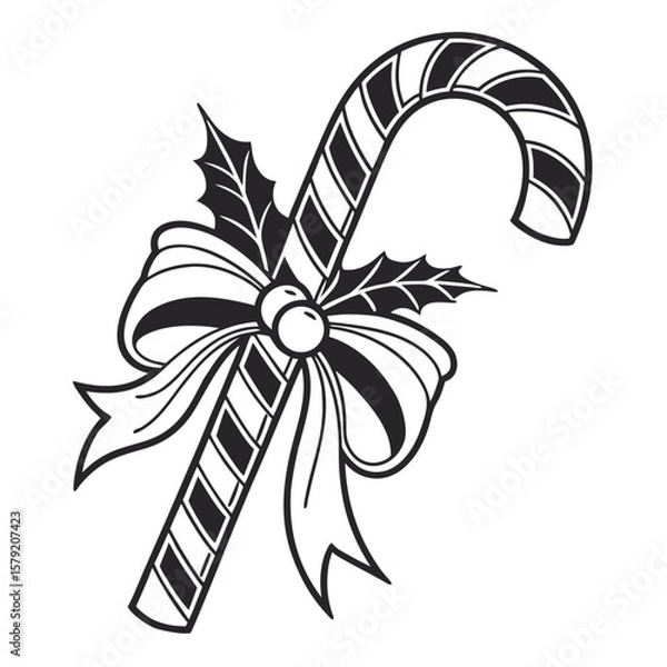 Fototapeta An isolated candy cane with ribbon and holly displays a simple Christmas cheer