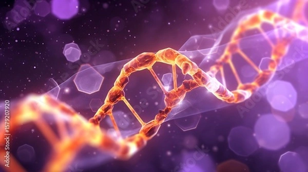 Obraz A soft-lit 3D illustration of a DNA helix with complex particle interactions, warm orange and violet color tones, the background filled with a fog of microscopic particles.