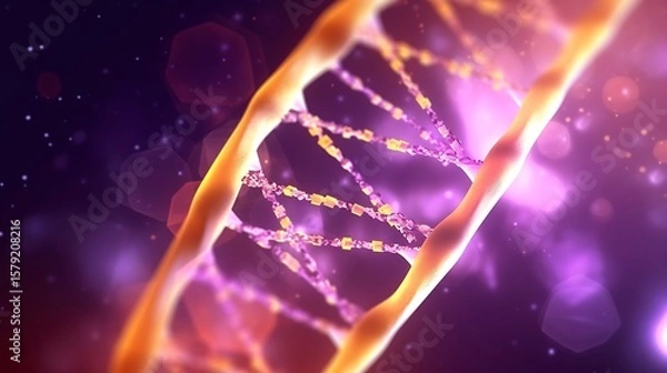 Obraz A soft-lit 3D illustration of a DNA helix with complex particle interactions, warm orange and violet color tones, the background filled with a fog of microscopic particles.