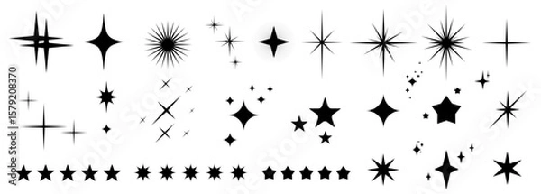 Obraz Sparkling stars icon set. Shine star silhouettes, magic spark shape, abstract glitter elements