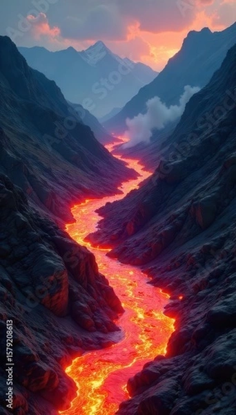 Fototapeta Lava river surges downhill, incandescent rock obliterates landscape , geology, intense